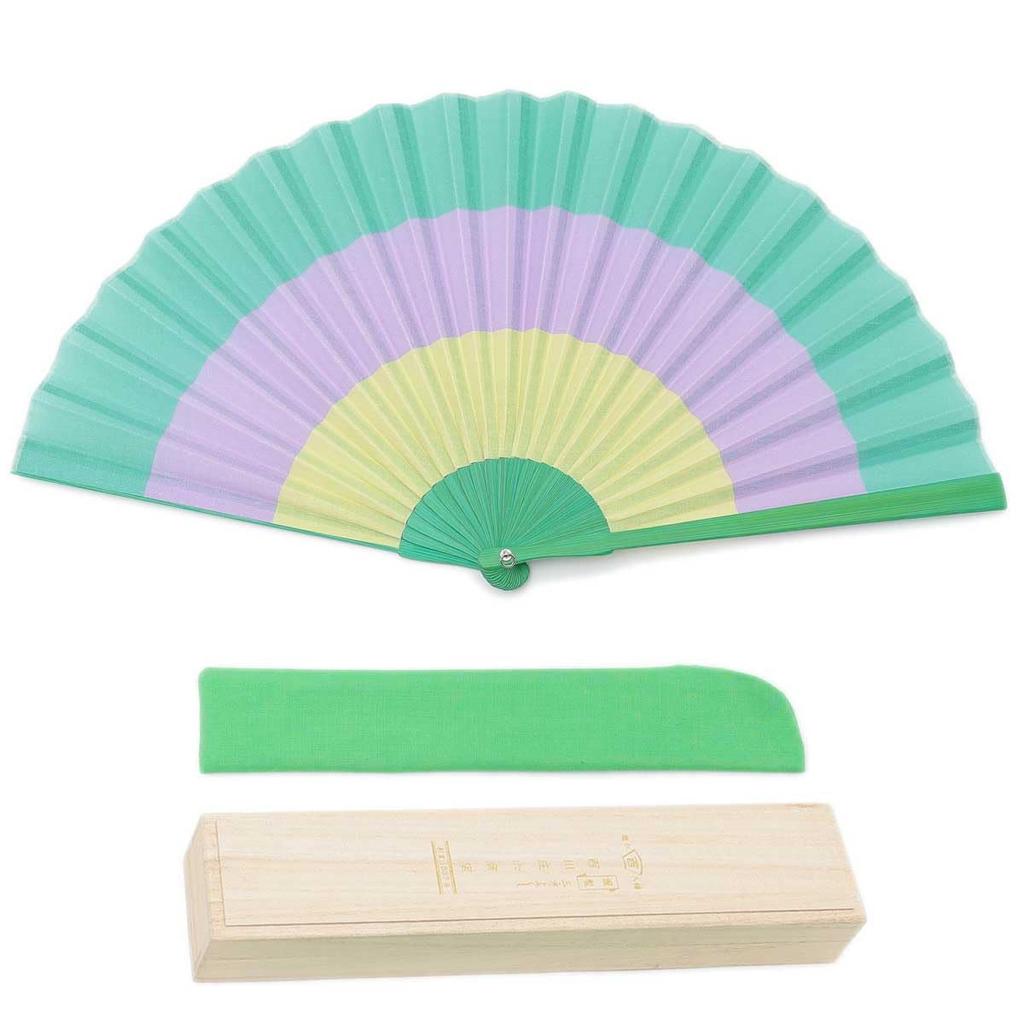 Nishikawa Shouroku Shoten Summer Folding Fan with Box and Striped Fashionable Folding Craft Bag, Design, Women's Gift, Fan, (Green)