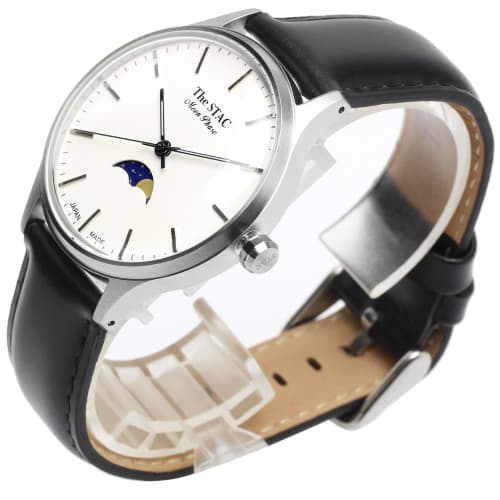 The STAC Japanese-made 36mm Antique Retro Watch for Men and Women, Unisex, Moon Phase with Bar and White/Black Crocodile, ST-MF001
