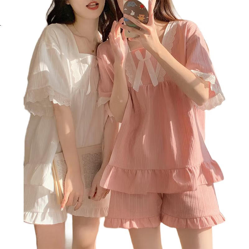 LangSha Women's Pajamas with Chest Pads, Summer Princess Style, Wearable Outside, Sweet And Elegant, Lightweight Short-Sleeve Shorts Loungewear