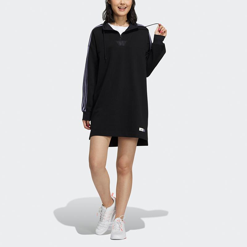 Adidas Neo Sporty Casual 1/4 Zip Striped Stand Collar Long Sleeve Dress Women Dress Black GS2606
