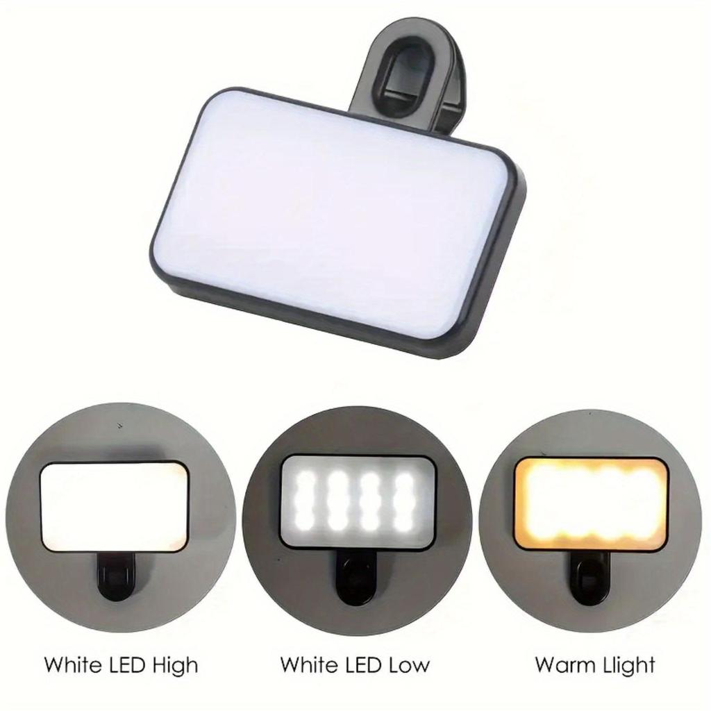 Portable Rechargeable Selfie Fill Light Clip-On LED Ring Lamp with 3 Color Modes for Phone Laptop Tablet Video Call Vlog Photography