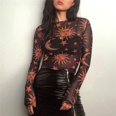 Sol lua impresso malha transparente sexy camiseta feminina o-pescoço manga longa magro básico casual feminino topos primavera nova
