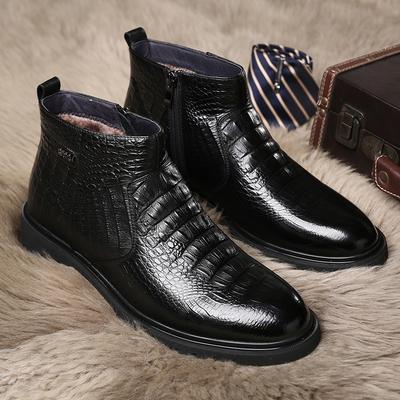 Old Man Head Black Fleece Men's Cowhide Crocodile Pattern High Top Men's Leather Boots Zipper Tooling Martin Boots 82020