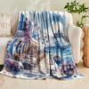1pc of Printed Blanket Featuring Greek Blue And White Town Architecture, Purple Bouquet, And Aegean Sea Cruise Design. A Decorative Throw Suitable for