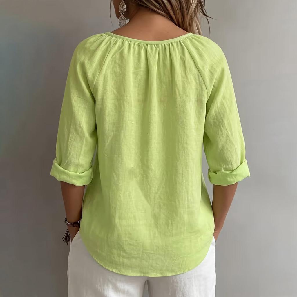 Women's Casual V-Neck Long Sleeve T-Shirt Loose Fit Pullover Color Top