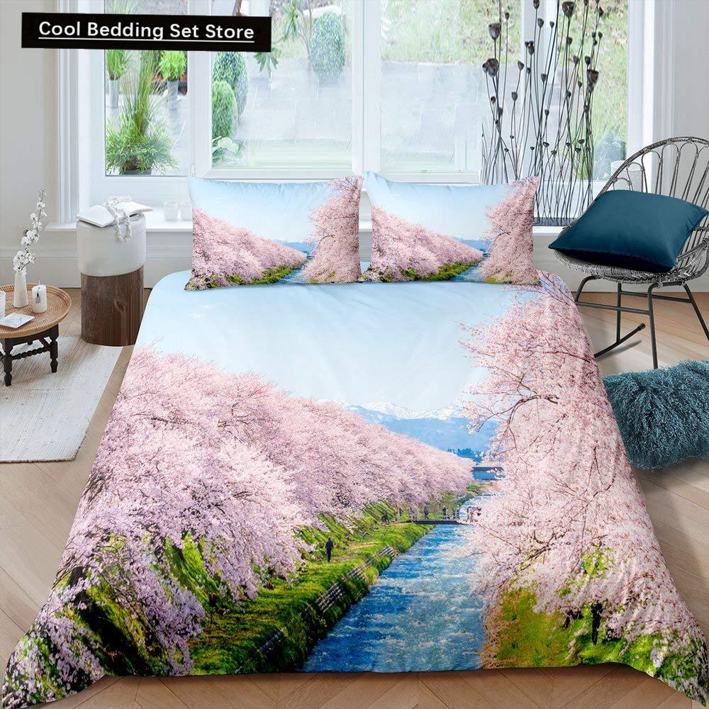 Pink Cherry Blossom King Queen Bedding Set Spring Flora Duvet Cover Japanese Flowers Quilt Cover Soft Polyester Comforter Cover