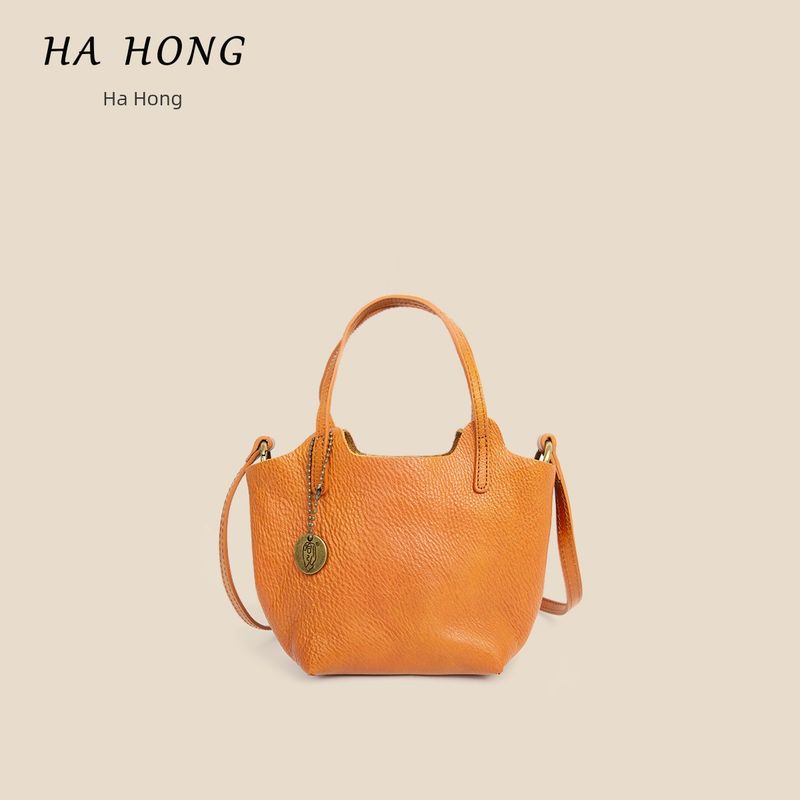 

Hahong Spring and Summer New Retro High-Grade Closed-Toe Layer Cowhide Classic Vegetable Basket Bag Handbag Shoulder Messenger Bag Brown