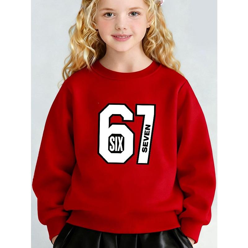 Kids Unisex Crewneck Sweatshirt, Big White Varsity 67 Number with SIX SEVEN Inside Text Print Long Sleeve Pullover, Sweatshirt for Boys Girls Ages 4+