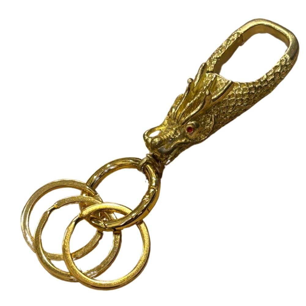 

DAZUMA Dragon Head Keychain with Carabiner, Strap, Good Luck, Feng Shui, Money Luck, Blue Dragon, Smart Key, Car, Triple Dragon (Gold)