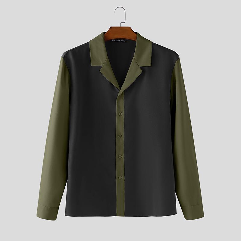 

INCERUN Plus Size Men Lapel Neck Long Sleeve Stitching Casual Loose Office Shirts Tops S чёрный