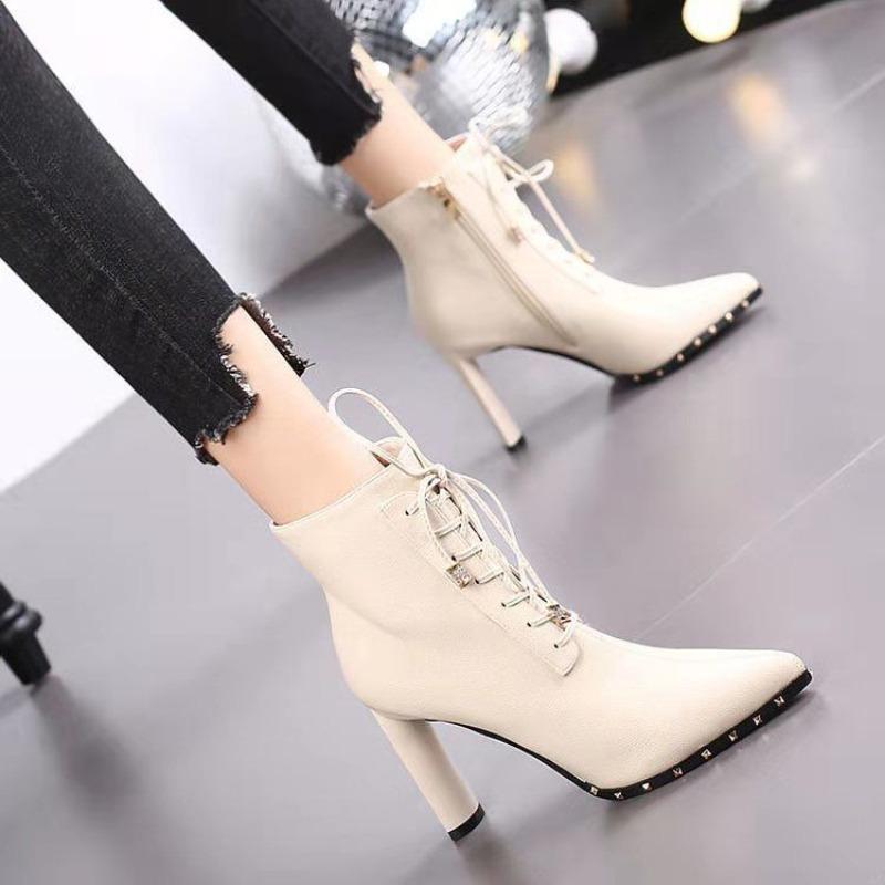 Pointed high heels thick heel short boots women's new lace-up versatile thin Martin boots tide