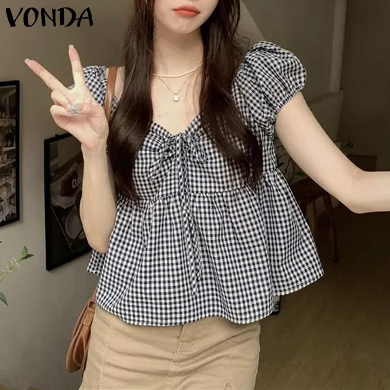 

VONDA Женские свободные блузки с круглым вырезом и короткими рукавами в клетку, однотонные M чёрный