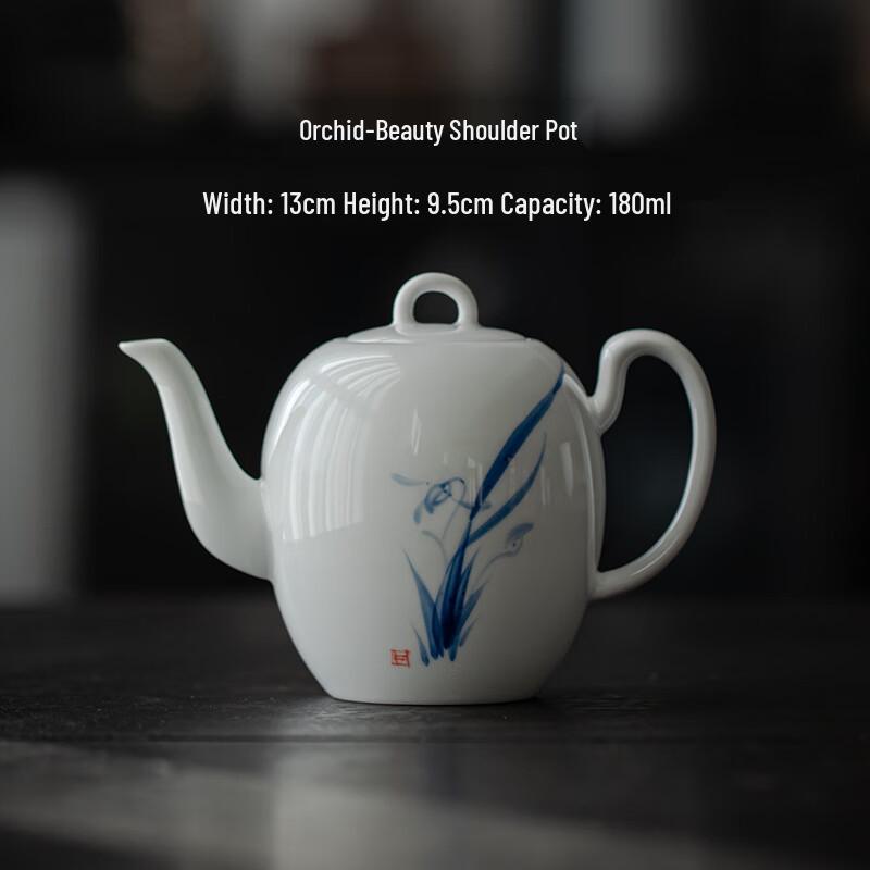 Расписанный вручную сине-белый керамический чайник с орхидеями