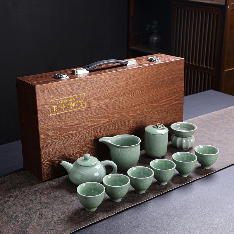 Ge Kiln Tea Set Kung Fu Tea High-end Gift Box Souvenir Ceramic Teapot Teacup Kung Fu Household Full Set