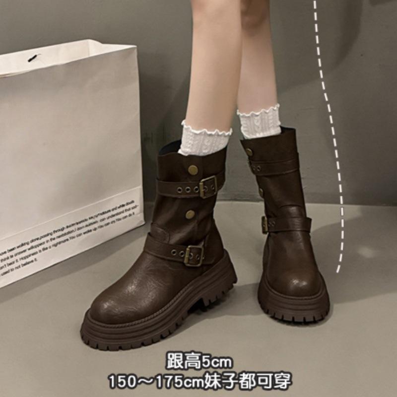 2025 Autumn and Winter New British Style Thick-soled Thin Boots Trendy Belt Buckle Locomotive Boots Medium Tube Martin Boots Women