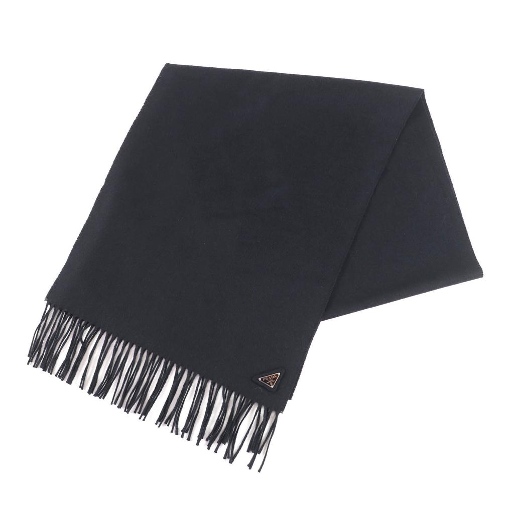 Great PRADA Scarf Triangle with Logo and Fringe Black Silk Women 1FS047 Used