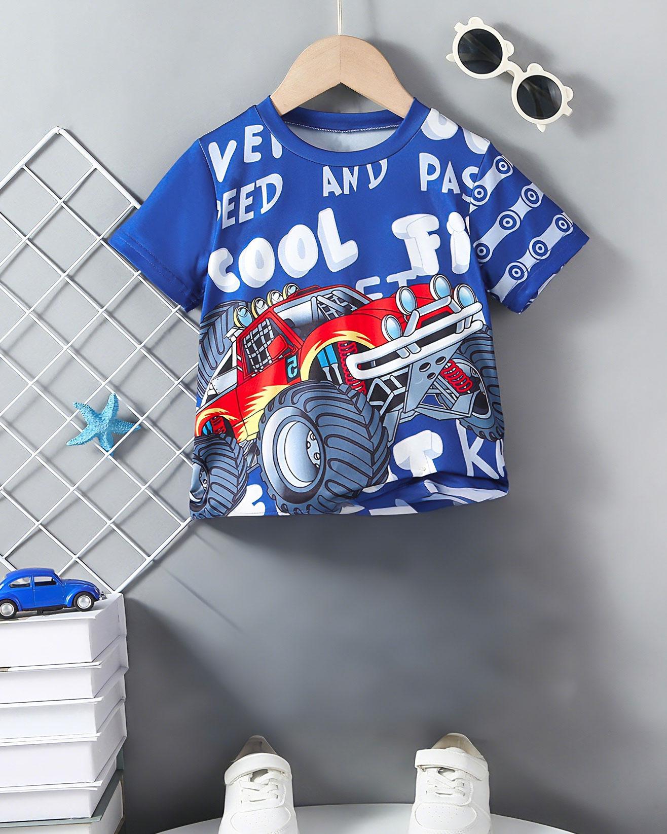 

Boys Casual Streetwear T-Shirt — Cool Biker-Style Crew Neck Short-Sleeve Tee with Letter Print (Single Item) 7Y синій