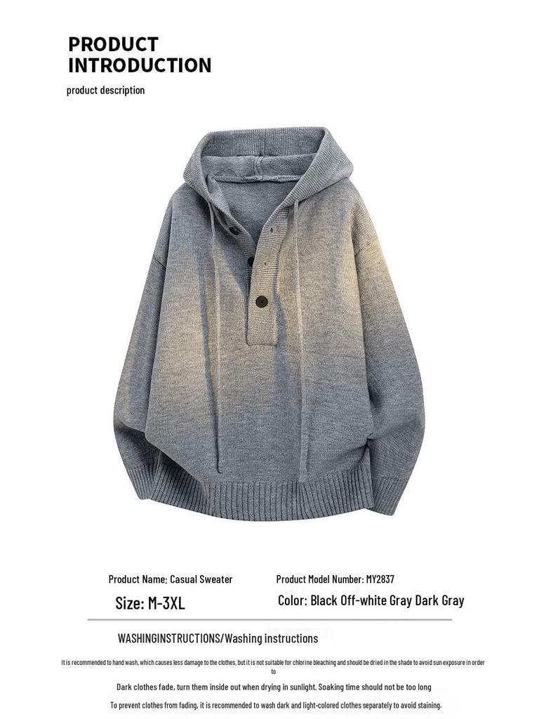 Men's Autumn Solid Color Hooded Knit Sweater - Casual Long Sleeve Warm Pullover for Teens