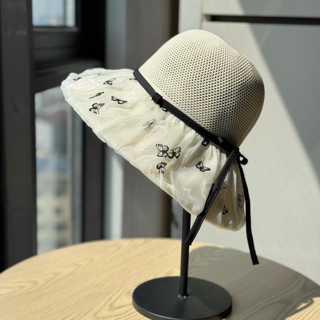Fashionable Letter Print Sun Hat for Women, Spring/Summer Travel, Foldable, Organza Patchwork, Wide Brim Fisherman Hat
