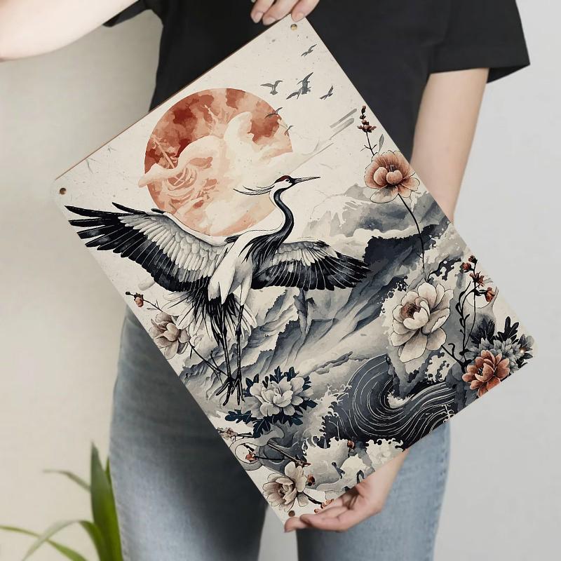 

Chinese Style Ink Painting Metal Wall Art Crane Red Sun Mountain Landscape Home Decor 20x30cm（7.8x11.8inch）