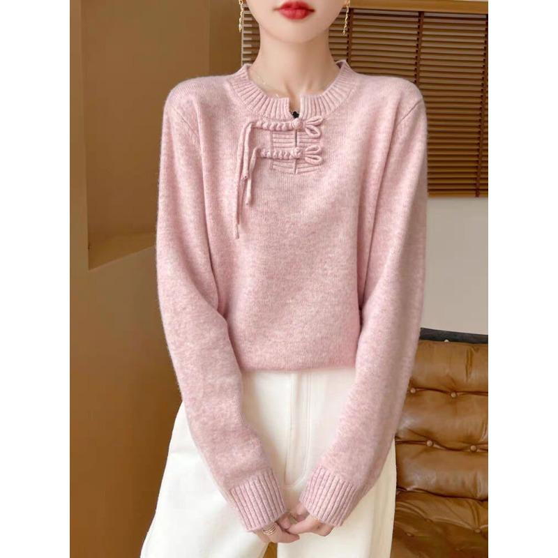 New Chinese Style Autumn and Winter New Women's Half-open Collar Loose Pullover Knitted Sweater Velvet