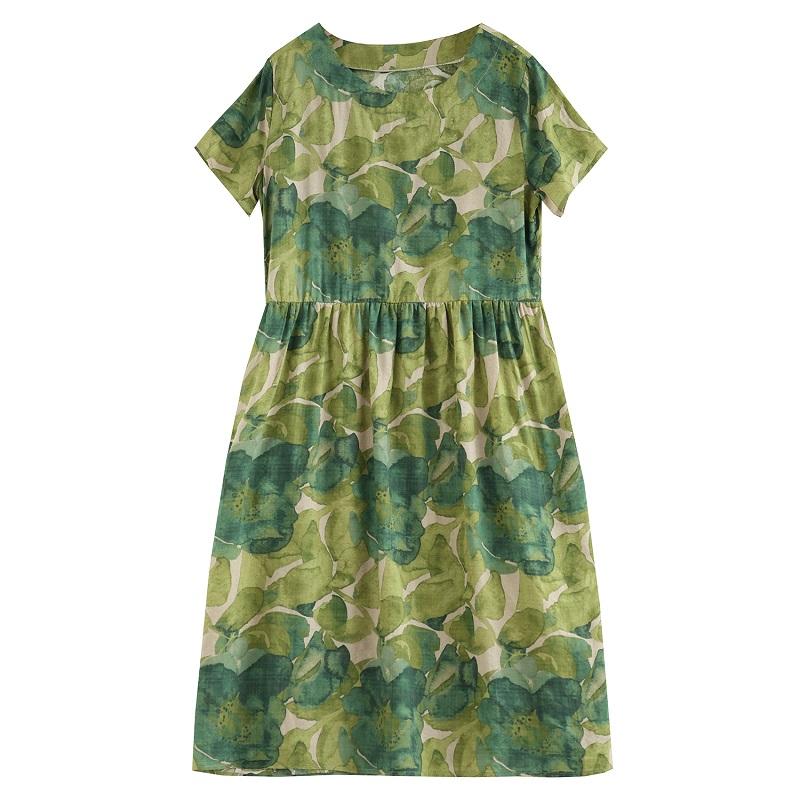 Kurzarm Plus Size Baumwolle Vintage Blumenmuster Neu in Kleidern für Damen lässig locker langes Sommerkleid