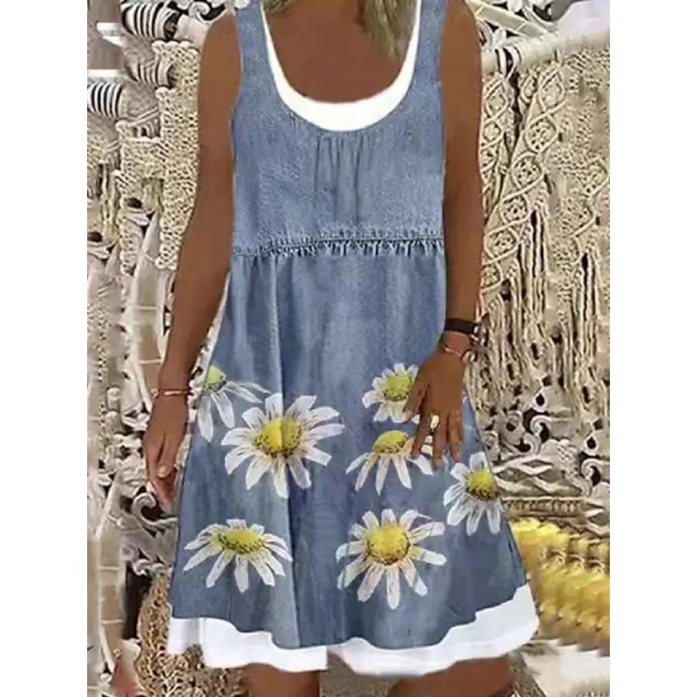Nouvelle robe 2025 pour femme à impression numérique Fausse pièce deux pièces Imitation Jean Robe Décontractée Ample Col Rond Robe débardeur Femme Vestidos