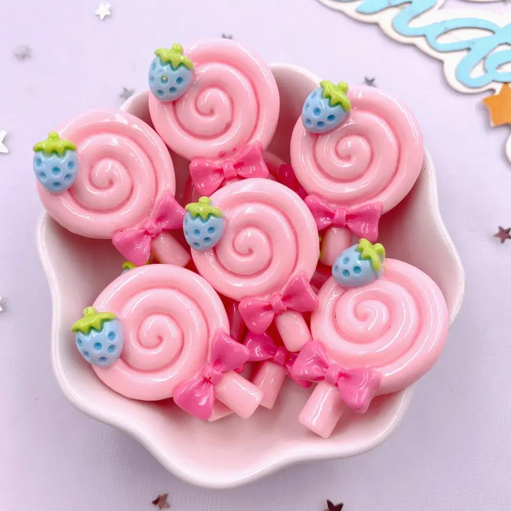 Painted Colorful Resin Strawberry lollipop Lollipop Flatback Cabochon Stone Figurines 10pcs DIY Bow Accessories Scrapbook Crafts