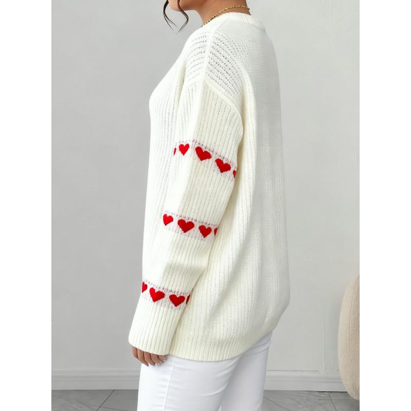 Kontrastfarbe Liebe Jacquard-Strickerei Stickerei Übergröße Damen Lässiger Pullover Lose Oberteil