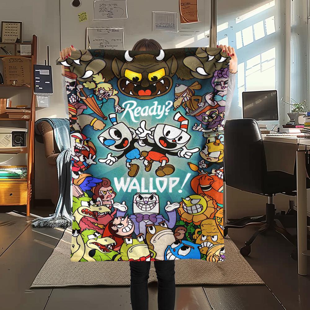 1Pc Cuphead Print Flannel Blanket, High Quality Comfortable for All Seasons, Home Decor, Warmth and Comfort, Perfect for Christmas Gifts