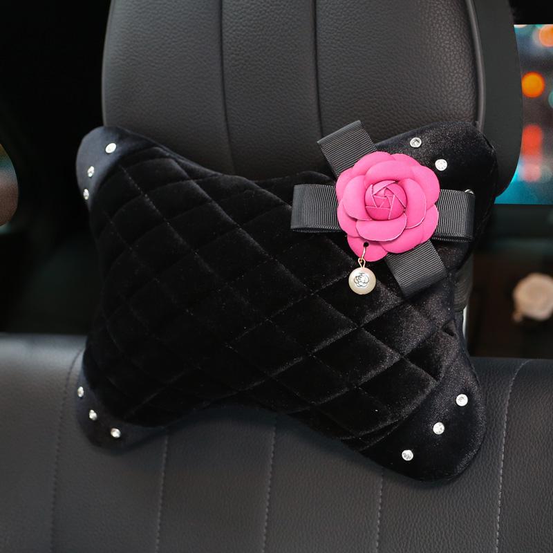 Fashion Soft Plush Crystal Car Neck Headrest Pillow Pearl Camellia Flower Auto Seat Neck Pillow Velvet Head Support Accessory