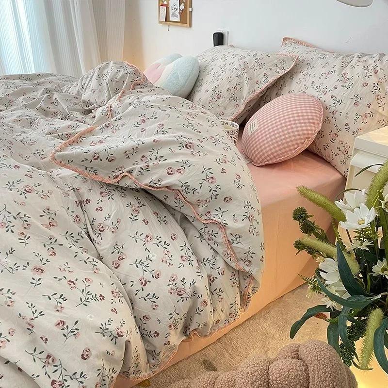 Bedding Set  Girls Cherry  Soft Washed Cotton Bed Sheet Queen King Size Duvet Set  Comforter Set Pillowcase Bed Linens