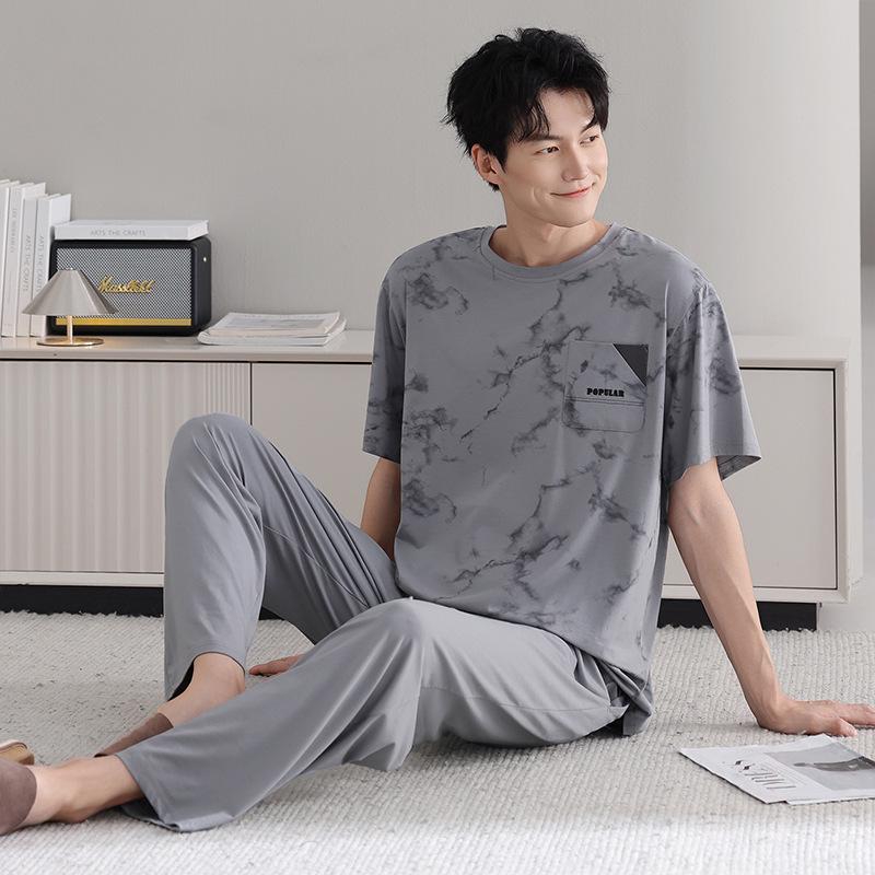 Men's Modal Cotton Pajama Set: Cooling Summer Short Sleeve Top & Long Pants, Luxurious Outdoor-Ready Comfort.