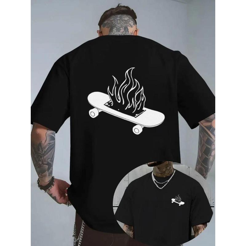 

Black Graphic T - Shirt for Men, Skateboard on Fire with Wheels Design on Back & Chest, Stylized Flame Graphic, Tattoos - Friendly Cool Casual Tee S чёрный