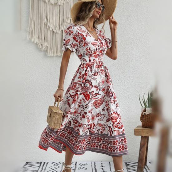 Frauen Midi Kleid V-Ausschnitt Kurze Puffärmel Farblich passende Blumendruck Hohe Enge