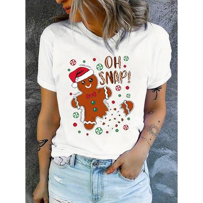 Europäische Größe Weihnachtskuchenmann Grafik T-Shirt für Damen - Lässiges Rundhals-Kurzarm-T-Shirt mit festlichem Zuckerstangen-Nikolausmützen-Aufdruck,