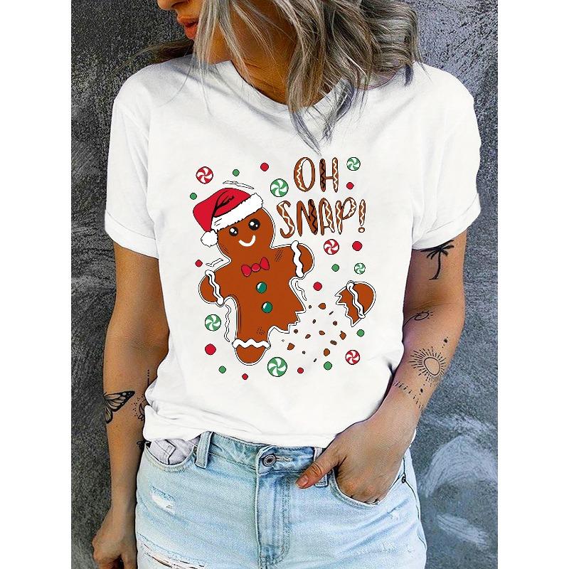 

European Size Christmas Gingerbread Man Graphic T-Shirt for Women - Casual Crew Neck Short Sleeve Tee with Festive Candy Cane Santa Hat Print, S белый