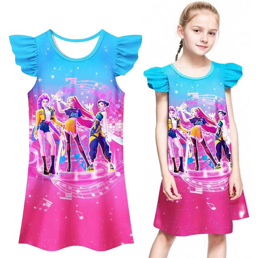 Kpop Demon Hunters Pattern Girl Sleep Dress With Cartoon Pattern For Kids Summer Wear