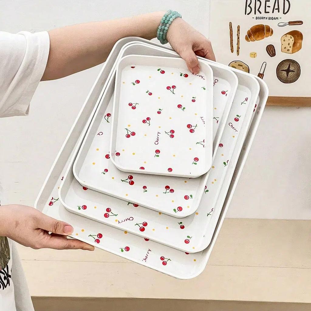 Cherry Pattern Plastic Food Serving Tray Stackable Fruit Dessert Tray Tea Tray Multi-functional Storage Tray For Home Kitchen