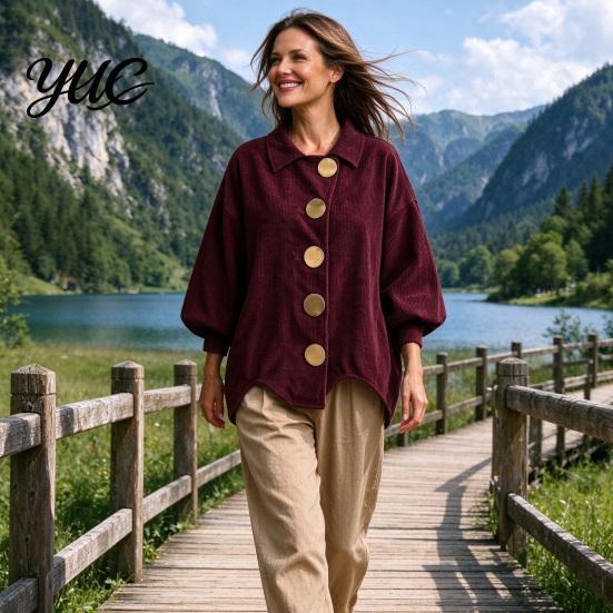 Lady Corduroy Jacket Women with Large Metal Buttons, Lantern Sleeve Casual Long Coat for Fall Winter, Loose Fit Oversized Collared Outerwear Warm