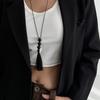 Stylish Retro Long Beaded Necklace Featuring Black Resin Pendant And Delicate Fringe Designs For Daily Wear