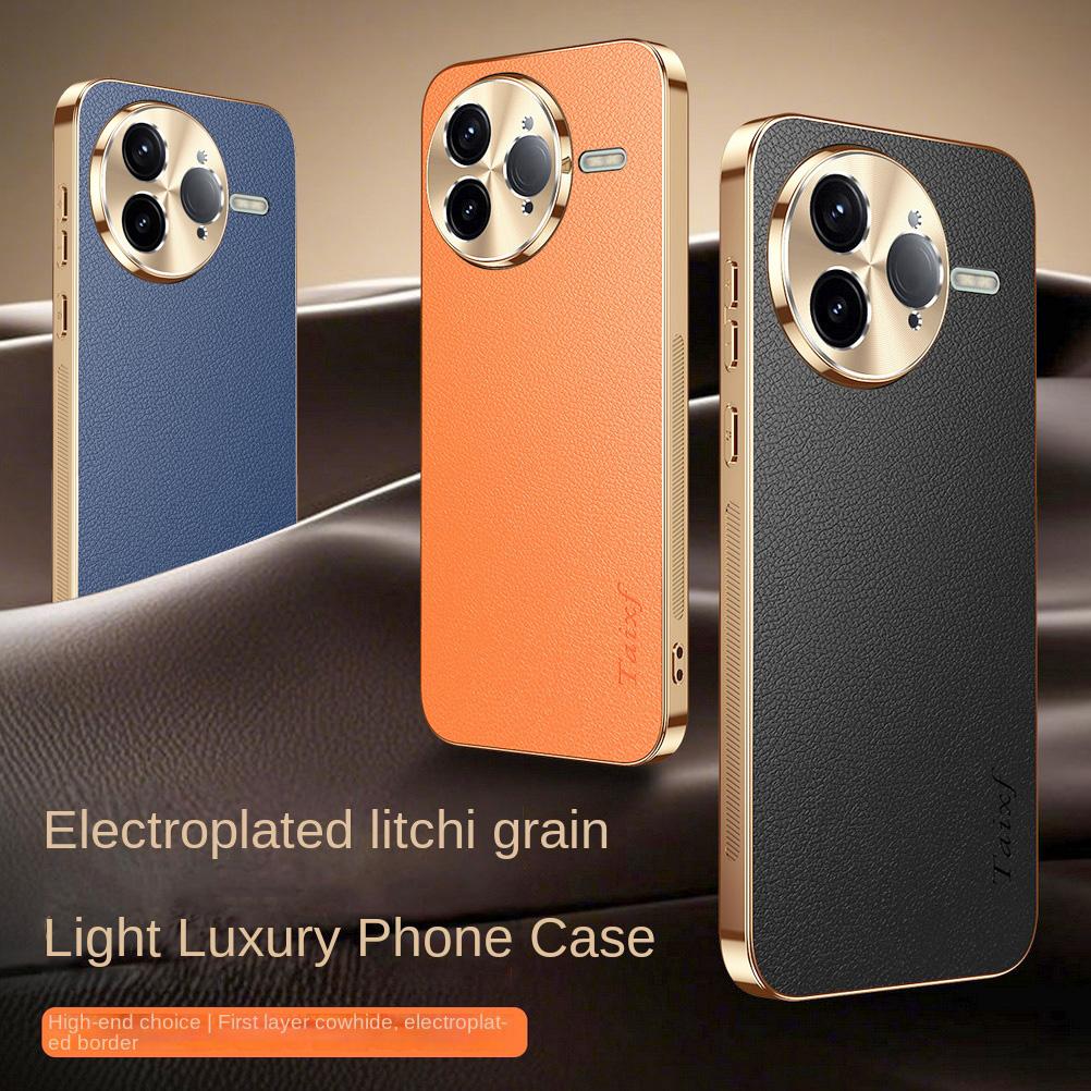 First Layer of Cowhide Lychee Texture Electroplated Frame Case For Poco F7 Ultra F7 Pro POCO X7 Pro F6 Pro F5 Lens Protect Cover