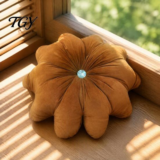 Decorative Throw Pillows for Girls Room Flower Pillow, 18 Inch Floral Cushion, Velvet Round Soft Sofa Pillow with Rhinestone Accent Couch Bed