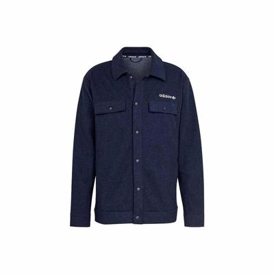 Logo Loose Fit Long Sleeve Polo Shirt Jacket for Men, Dark Indigo