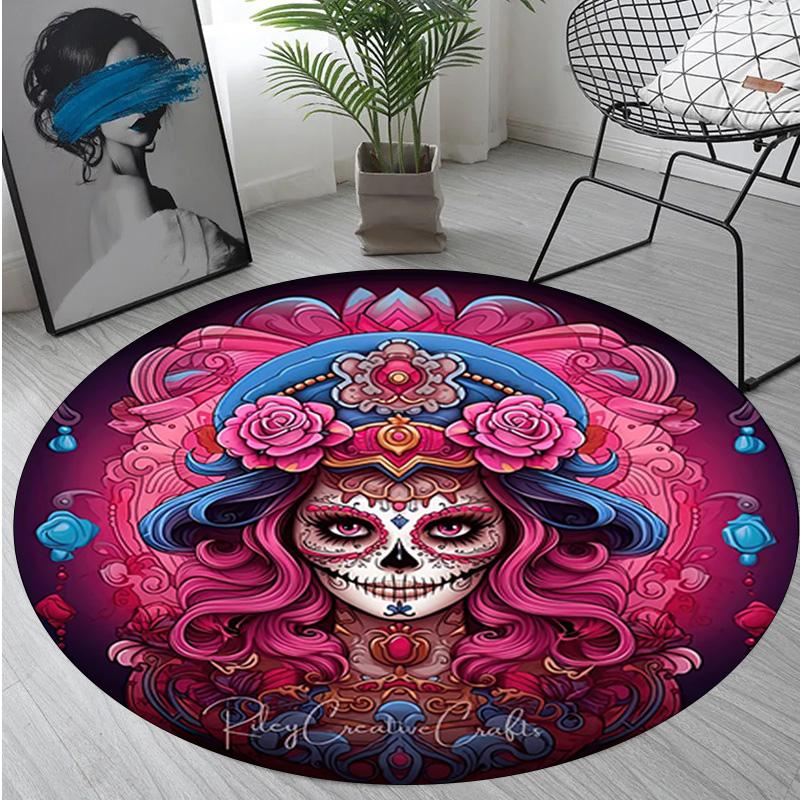 1Pc Day of the Dead Skull Circular Print Rug - Home Decoration Carpet For Living Room Bedroom Flooring Computer Chair Area Rug