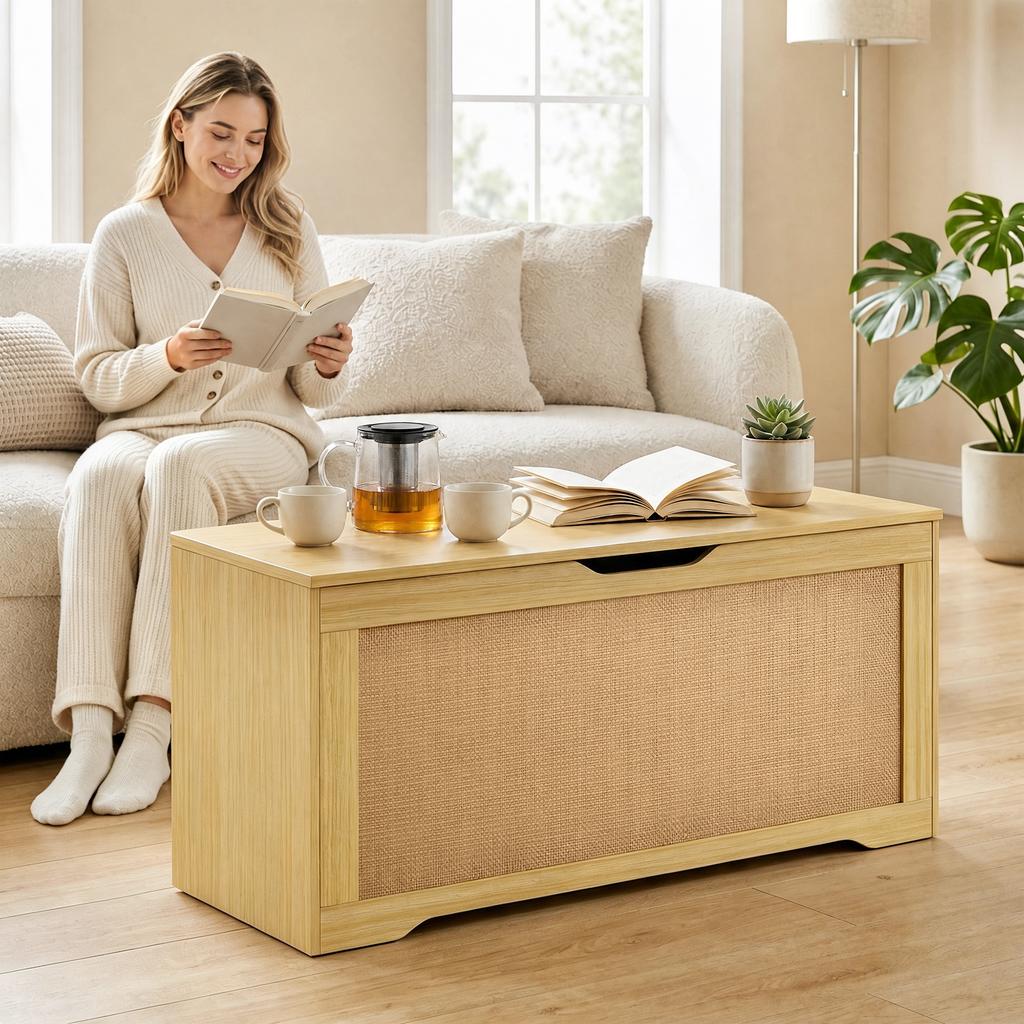 Rattan Storage Chest, 136 L, Storage Bench, Lift-Up Lid, 2 Safety Hinges, Oak