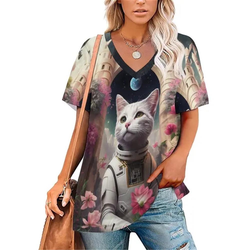 Sexy Katze Blumenmuster V-Ausschnitt Vintage T-Shirt Teenager T-Shirts Unisex Kleidung Vintage Streetwear Alltagsstil Mode Streetwear Y2k Tops