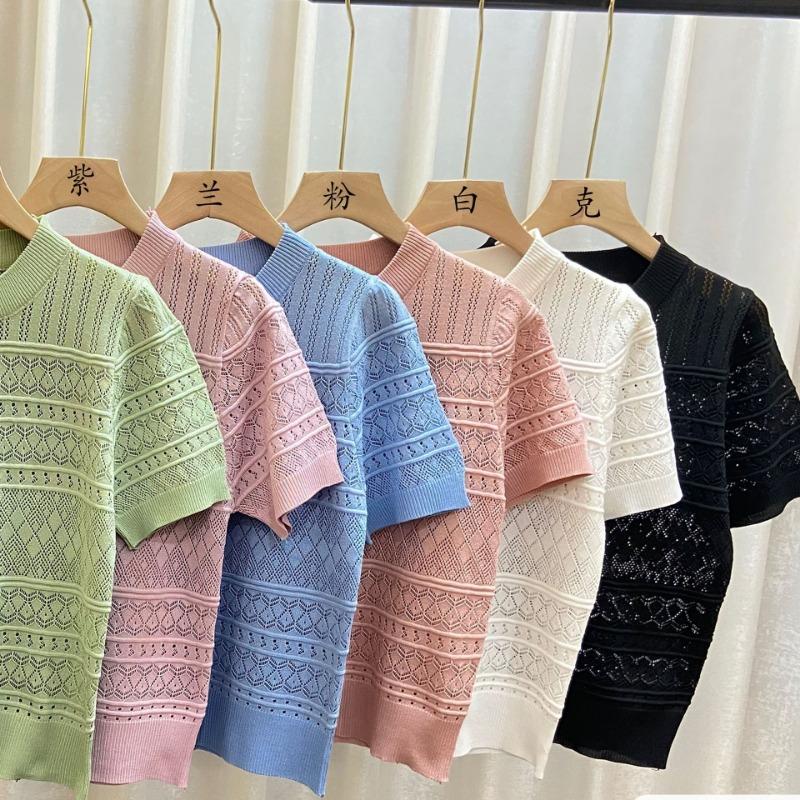 Summer Hollow Out Short Sleeve Knitted Casual T Shirts Women Temperament Chic O Neck Loose Women's T-shirt Tops Elegant Slim Fit Solid Lady Tee 26517