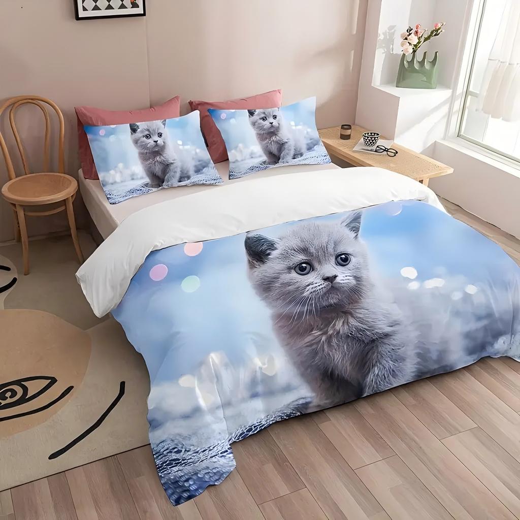 Cute Kitten 3D Printed Duvet Cover Set Soft Comfortable Polyester Luxury Bedding Set Cute Animal Style Quilt Cover Pillowcases
