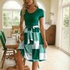 Women's Fashion Colorblock Printed Lace-up Short Sleeve Round Neck Splicing Short Dress